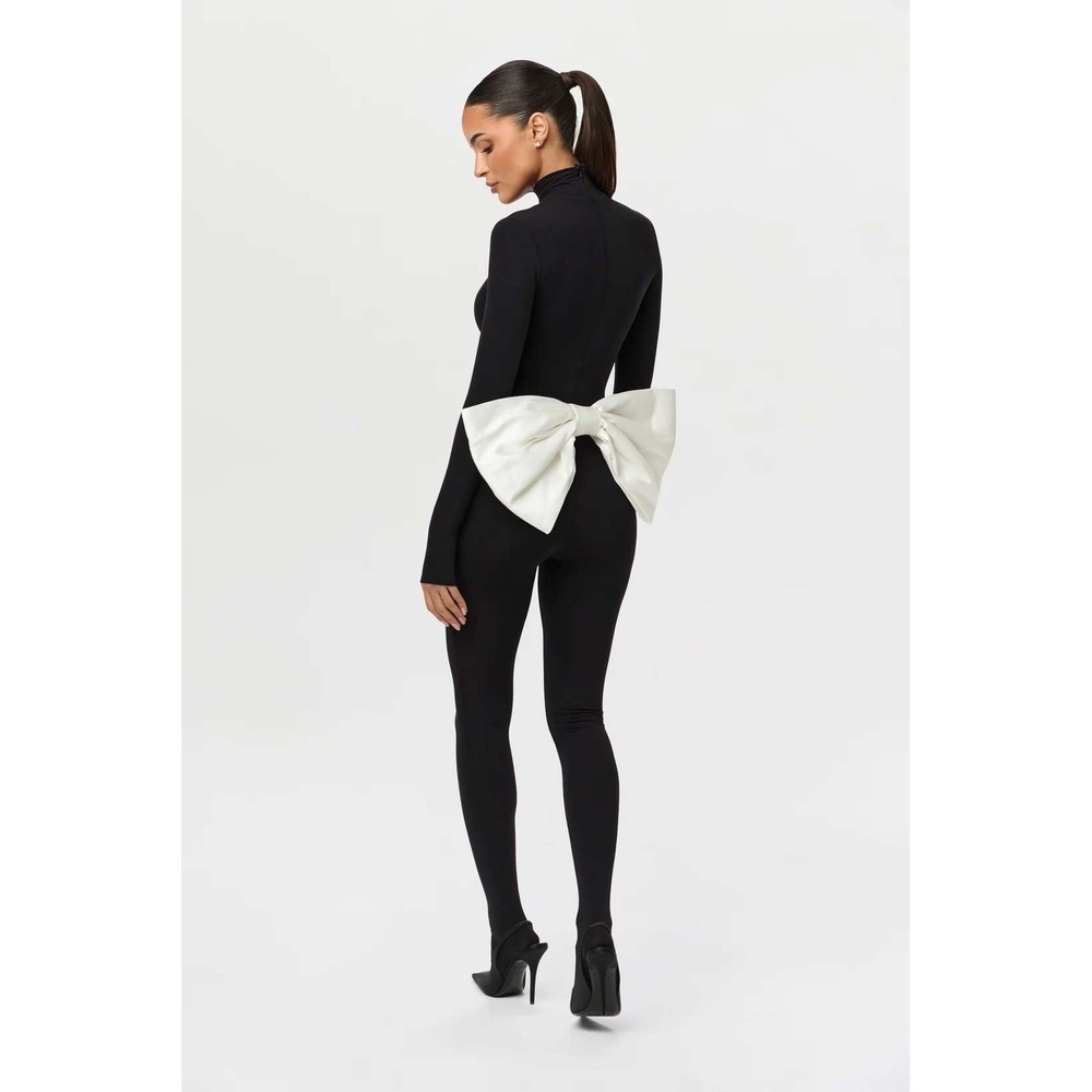 Naked Wardrobe Closed Toe Bow Jumpsuit Mock Neck Black Back Zip Bodycon Size M